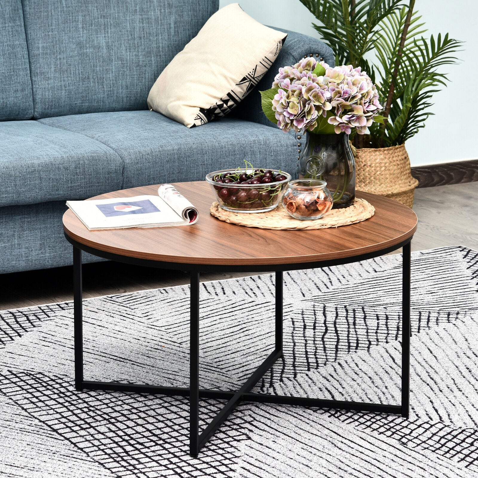 Modern Coffee Table Metal Frame Solid Tabletop Unique Cross Base - Brown
