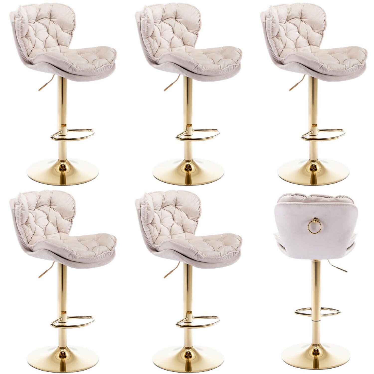 Bar Stools Set of 6 Adjustable Height Swivel Velvet Tufted Pub Bar Chairs Beige