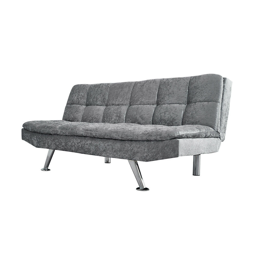 3 Seater Silver Velvt Fabirc Click-Clack Sofa Bed Recliner Sofabed Living Room
