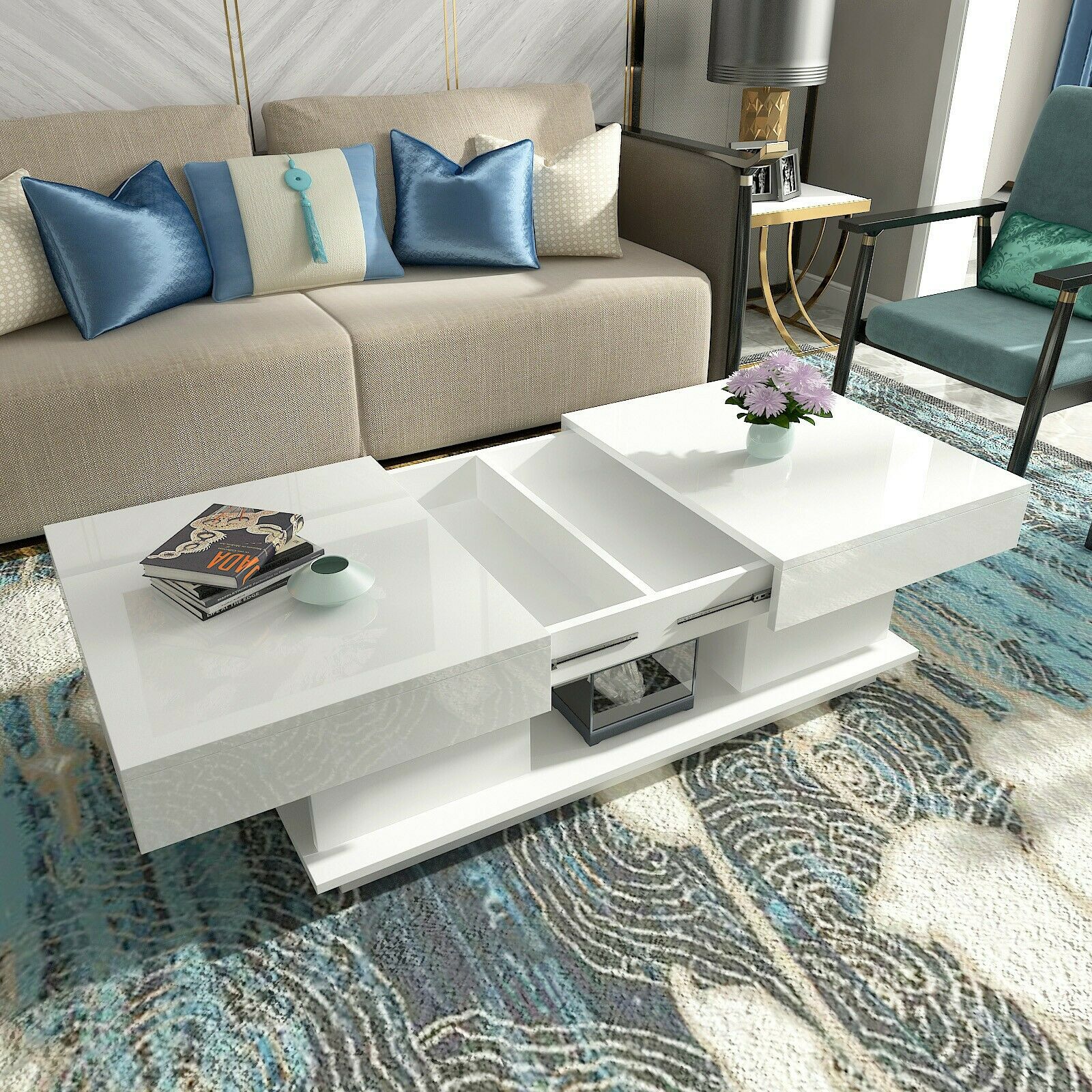 Modern High Gloss Coffee Tables End Side Table 2 Drawers Living Room White/Black