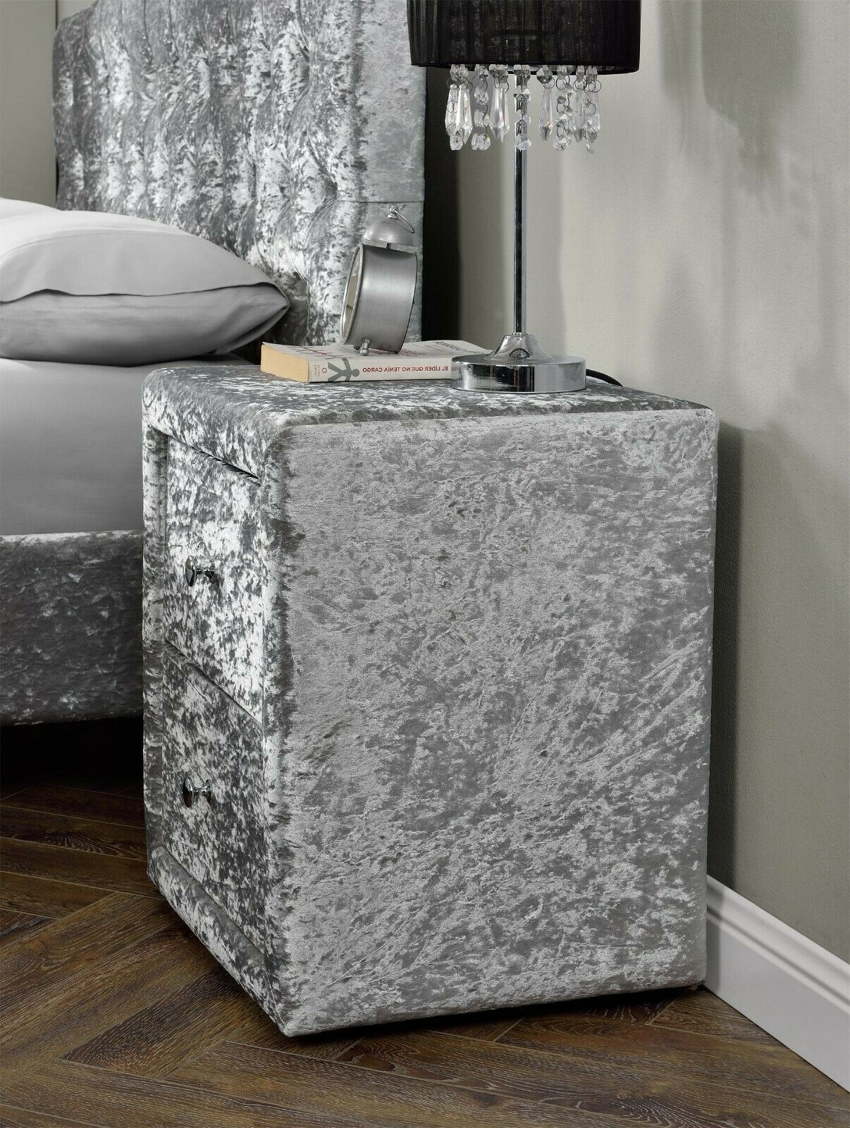 Modern Bedside Fabric Table 2 Drawer Silver Crushed Velvet Nightstand Cabinet