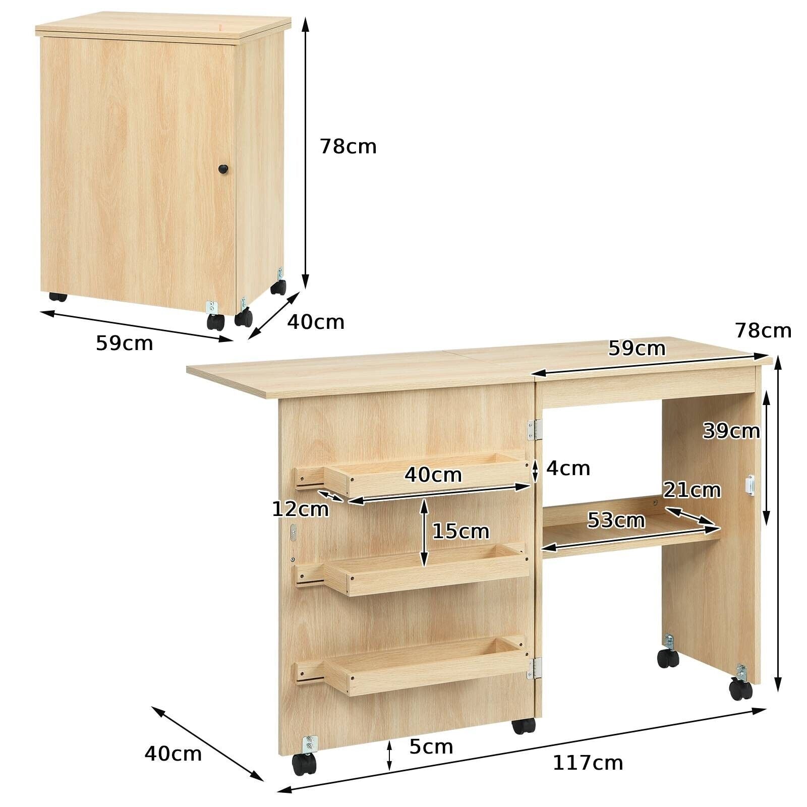 Folding Sewing Table 2 IN 1 Rolling Craft Table Home Office Desk Workstation