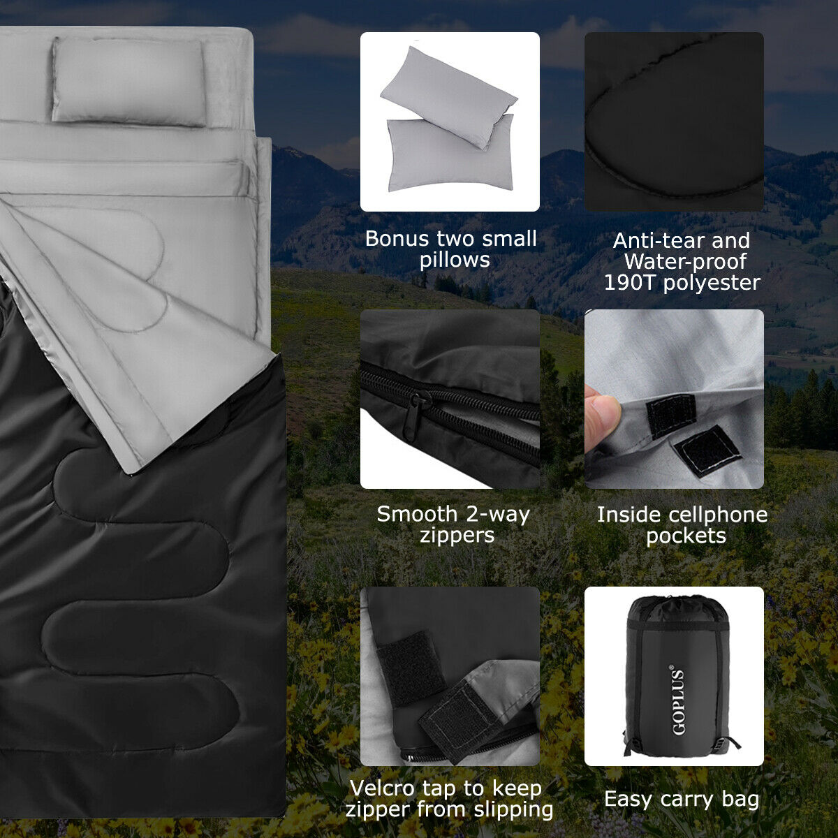 Waterproof Double Sleeping Bag Outdoor Camping Single Convertible W/ Pillows&Bag