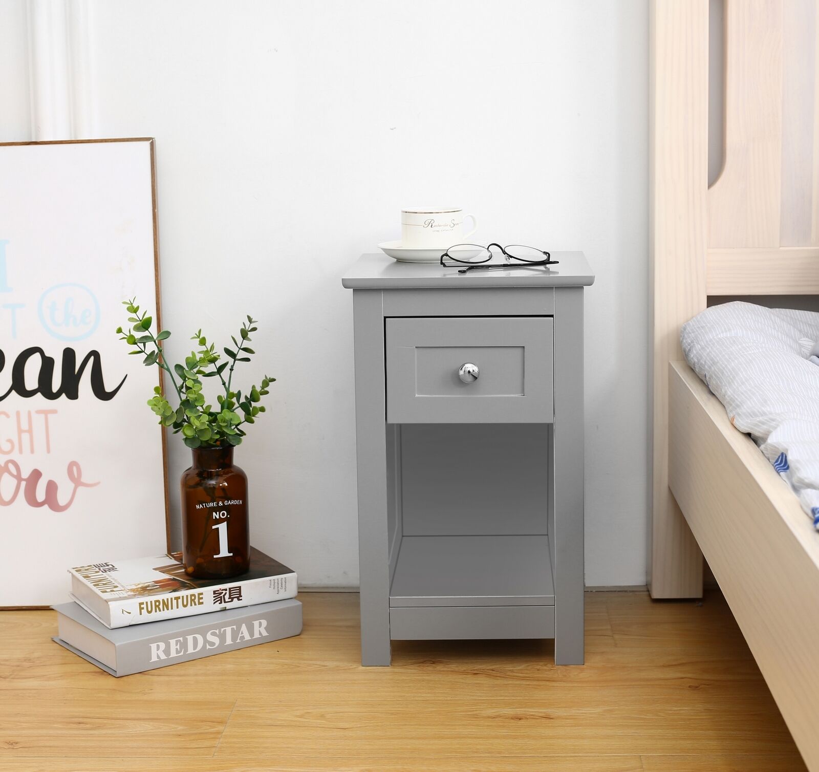 Bedside Table with Drawer and Shelf Cabinet Storage Unit - 28 x 31 x 45cm