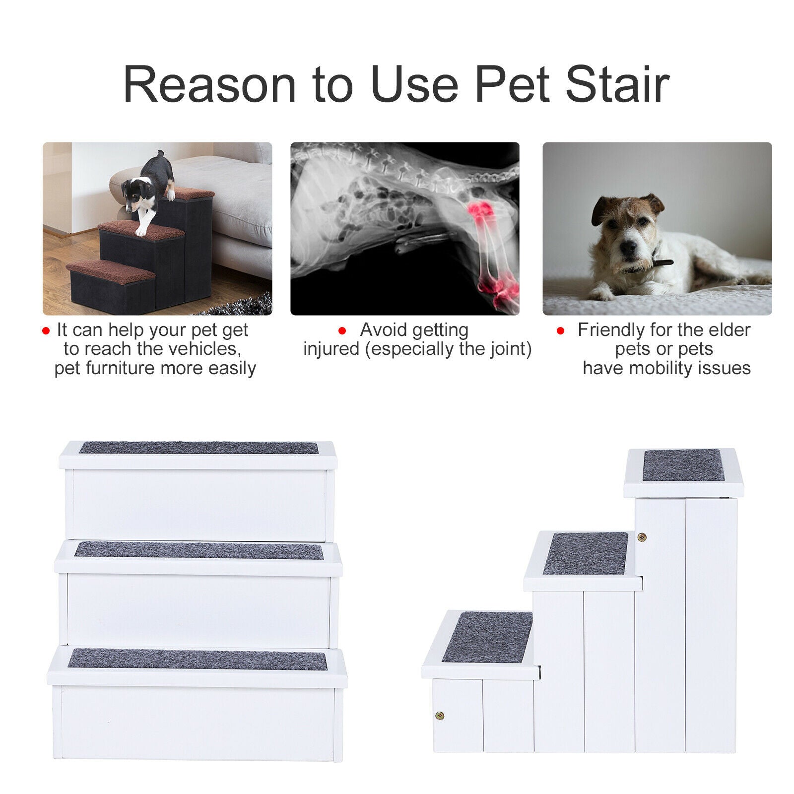3 Step Wooden Pet Stairs Steps Carpet Non Slip for Cats and Small Dogs White