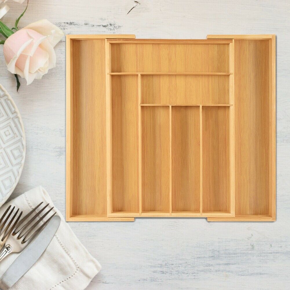 New Cutlery Organiser Drawer Storage Tray Wooden Bamboo Expandable Extending