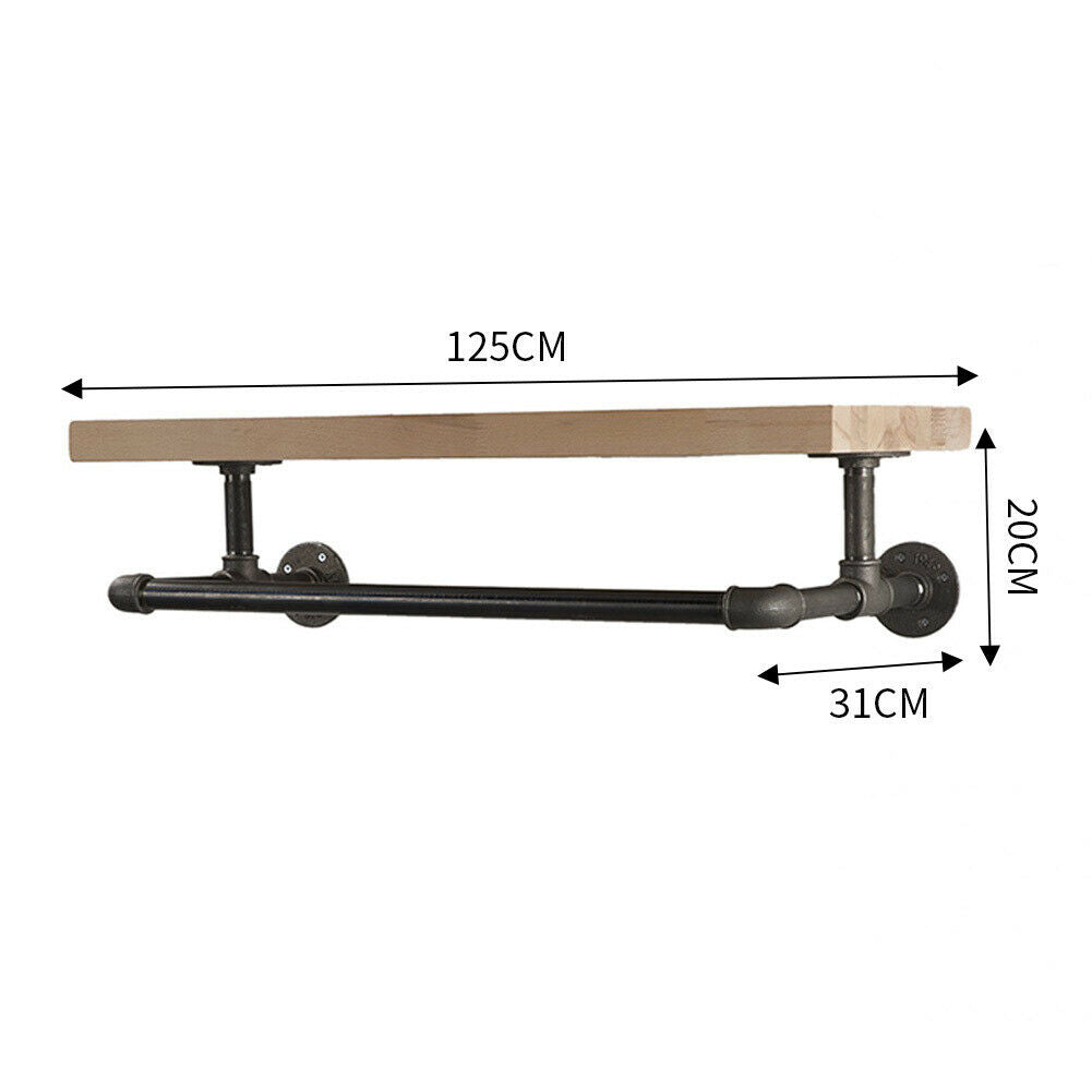 Industrial Clothes Rails and Solid Wood Shelf Pipes Hanging Wooden Board Storage