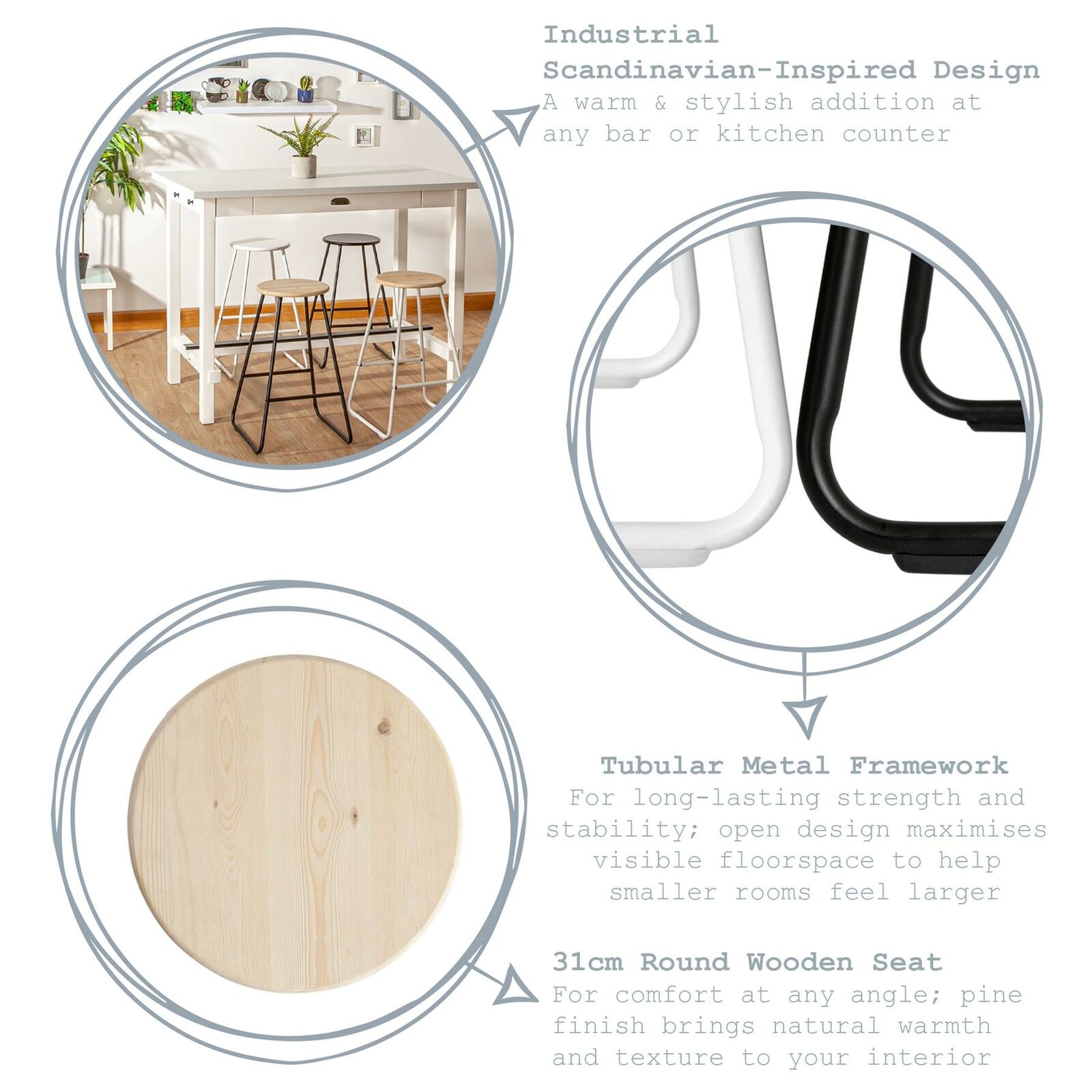2x Wooden Bar Stools Breakfast Kitchen Island Counter Dining Chair Black / Pine