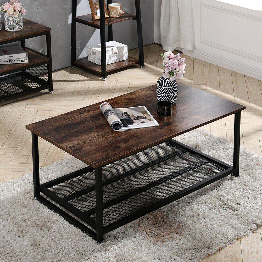2 Tier Coffee Table Industrial Wooden Rectangle Living Room Table Metal Shelf