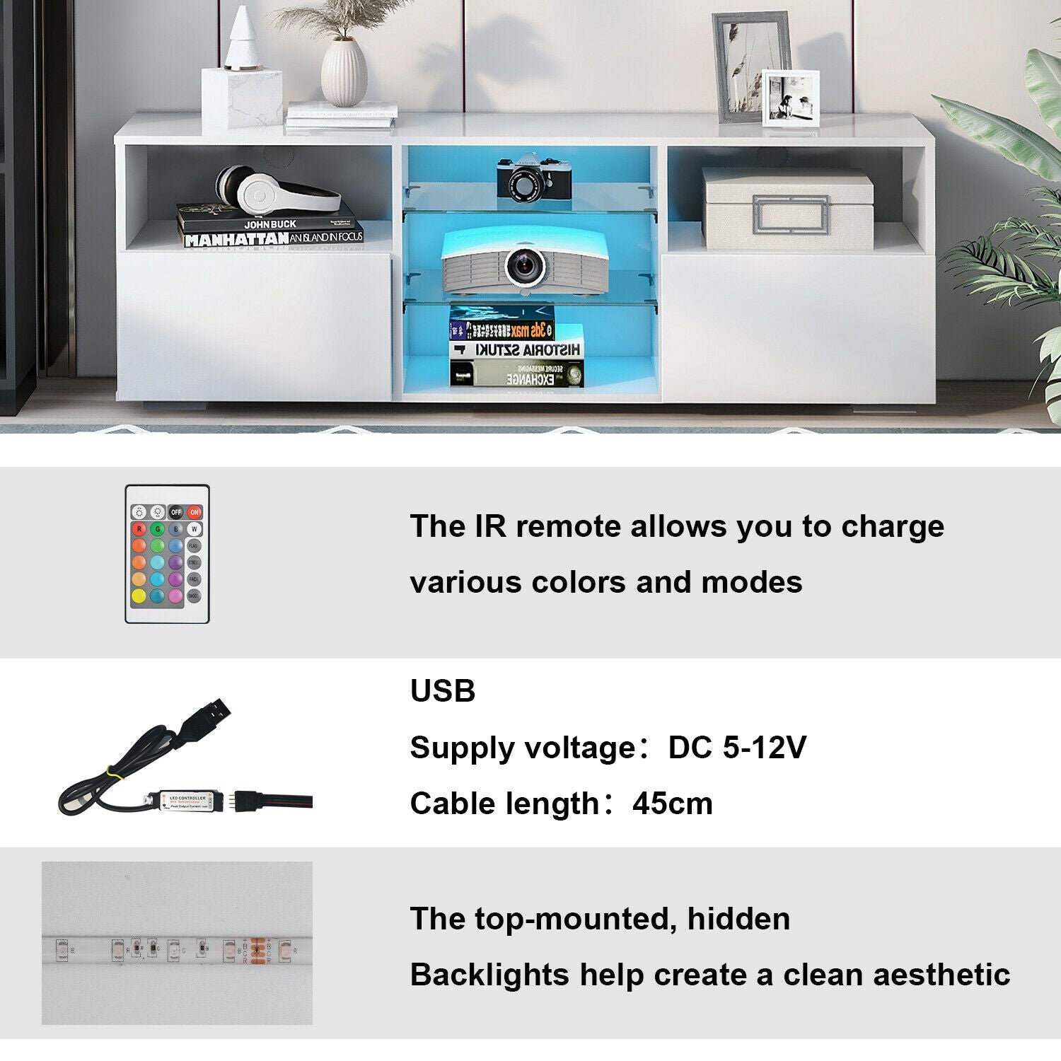 White Modern TV Stand Sideboard Cabinet Matt Body High Gloss Doors LED Lights