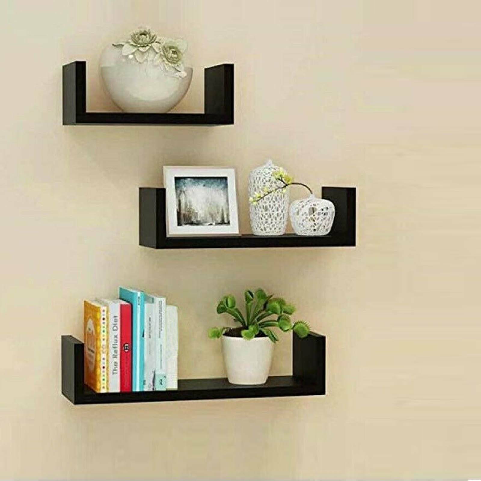 Set of 3 U Shape shelves Floating Wall Shelve Home Decor Storage Wood Shelf Unit