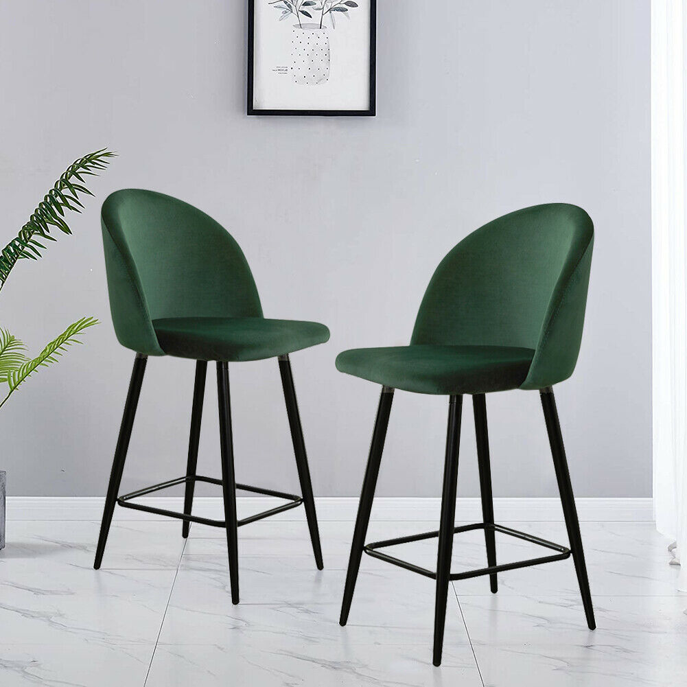 2× Grey Kitchen Breakfast Bar Stools Velvet Padded Seat Metal Legs Modern Pub