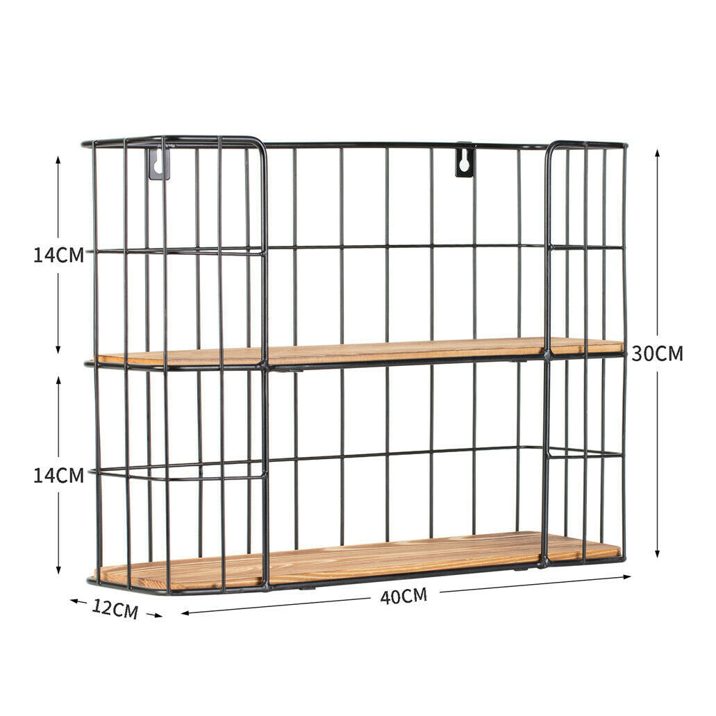 2 Tier Wall Mounted Metal Wire Wood Shelf Floating Shelves Kitchen Storage Rack
