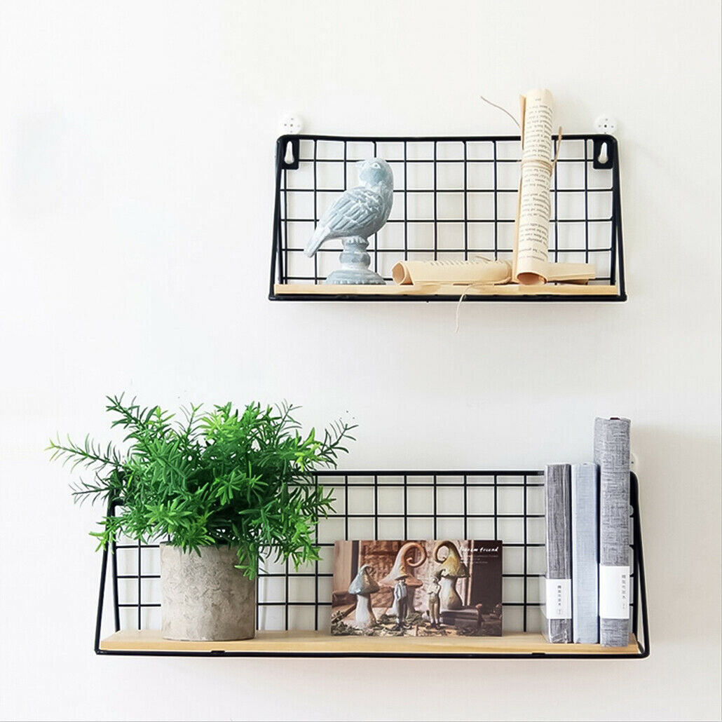 Vintage Industrial Wall Mounted Shelf Unit Metal Wire Floating Shelves Wood Rack