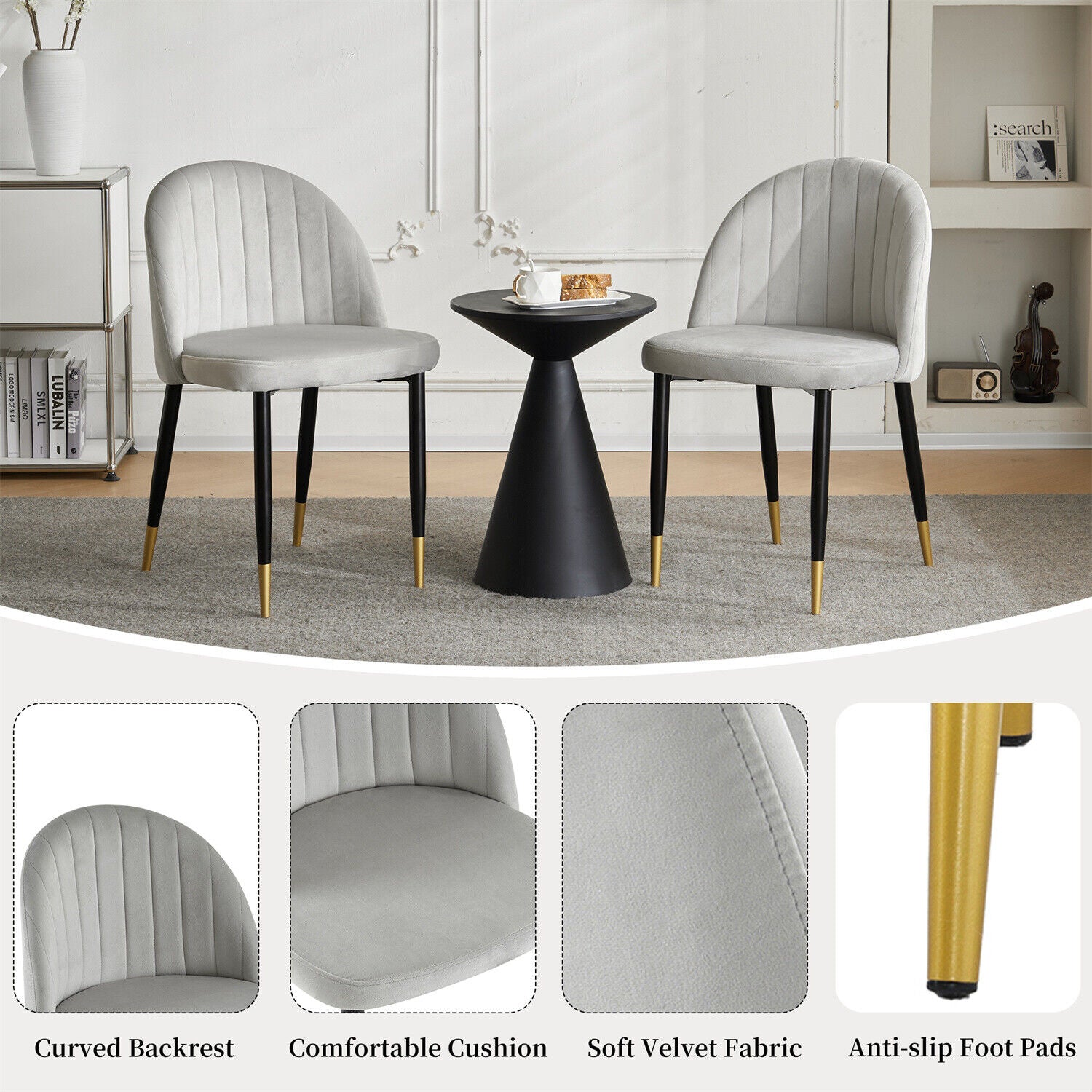 Set of 2 Modern Velvet Dining Chairs Accent Chairs Kitchen Leisure Chairs HT