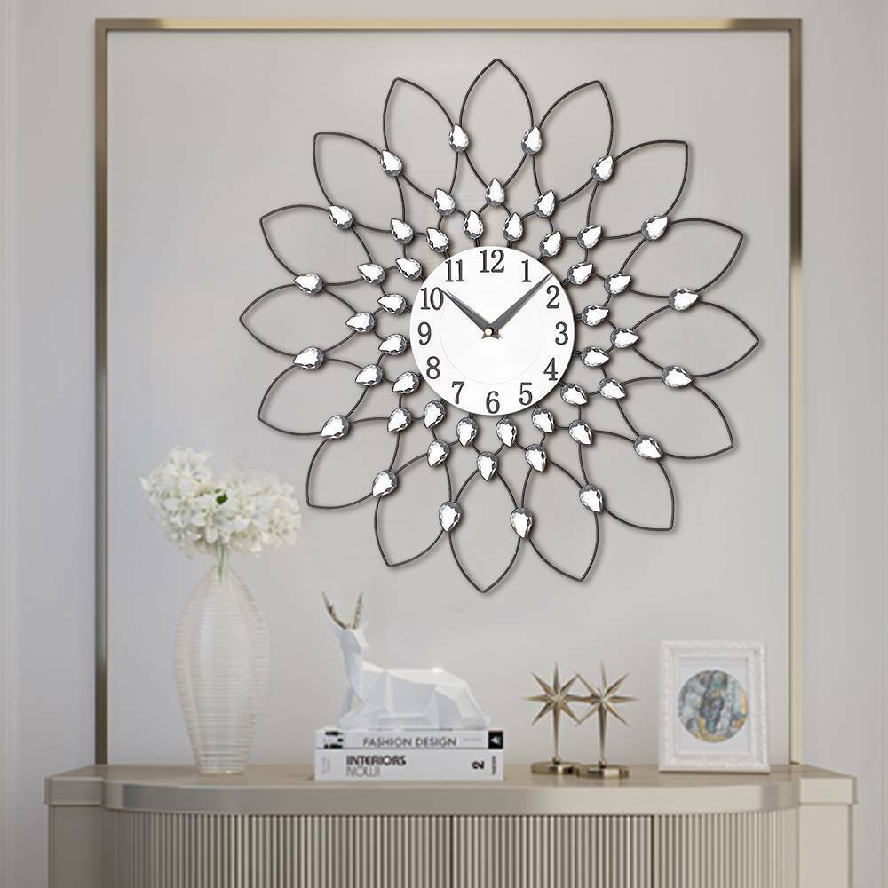 50cm Clear Diamante Beaded Jewelled Black Metal Spike Sunburst Wall Clock UK