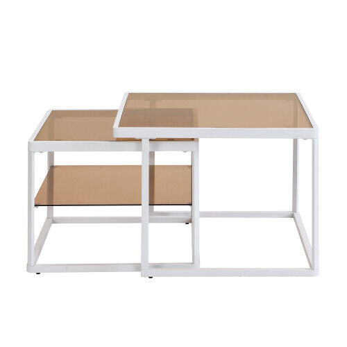 LED Nesting Coffee Tables Set of 2 Glass Top Side End Tables with Metal Frame HT