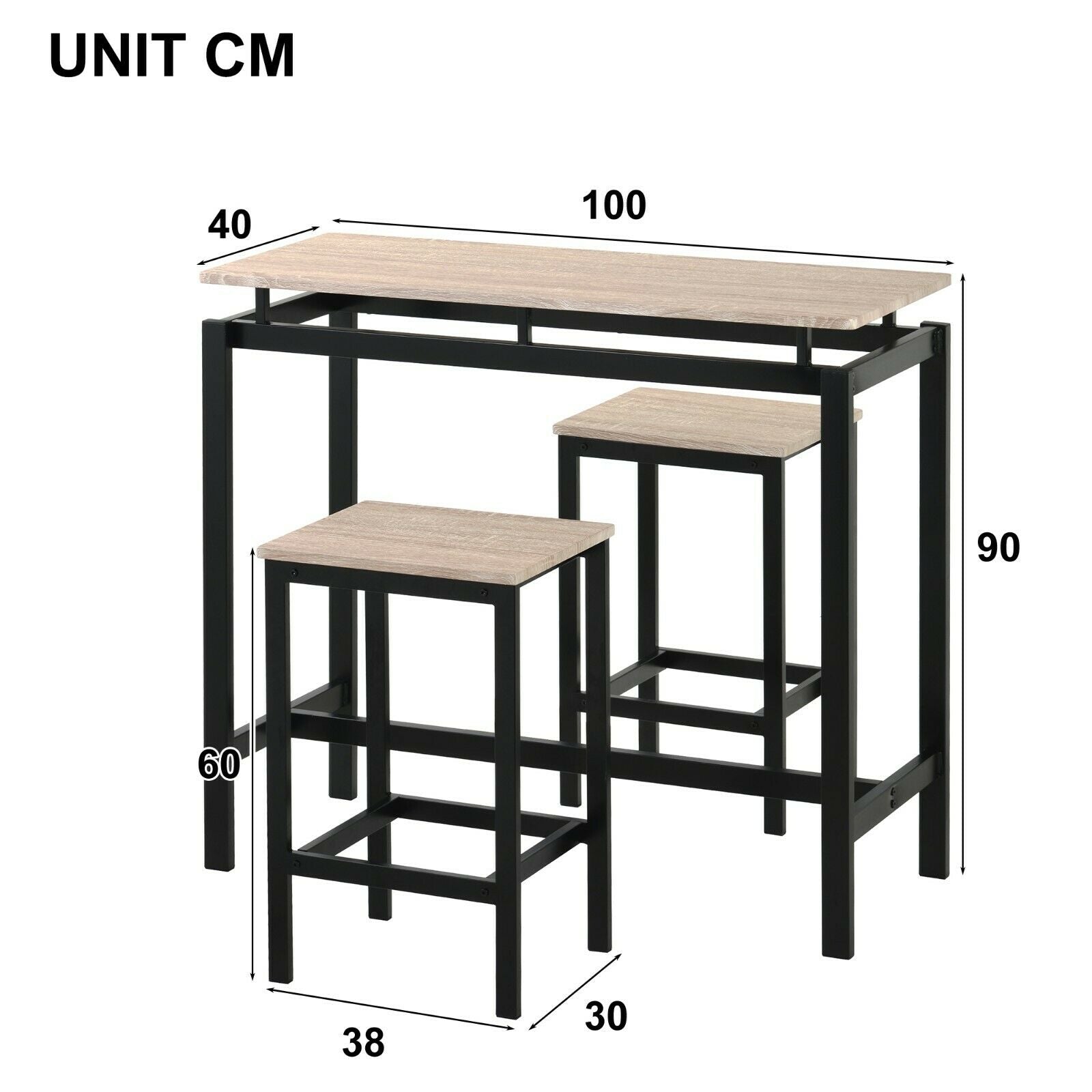 Bar Table and Stool Set For Kitchen Dining Room 2 Metal And Wood Stools High