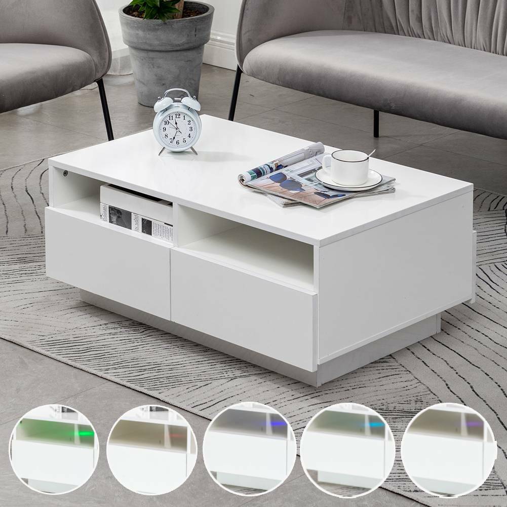 LED Light High Gloss Coffee Table Storage Shelf and 4 Drawers Home Living Room