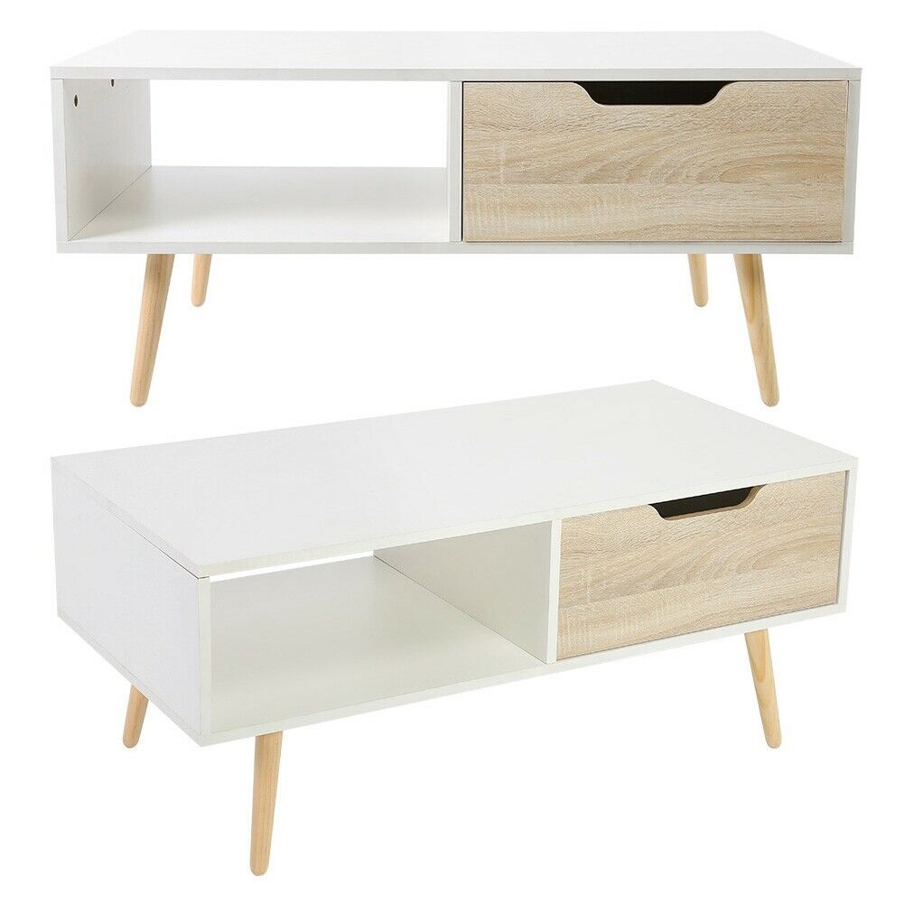 2 Tier Modern Coffee Table Rectangle Wood Living Room Storage Shelf 1 Drawer
