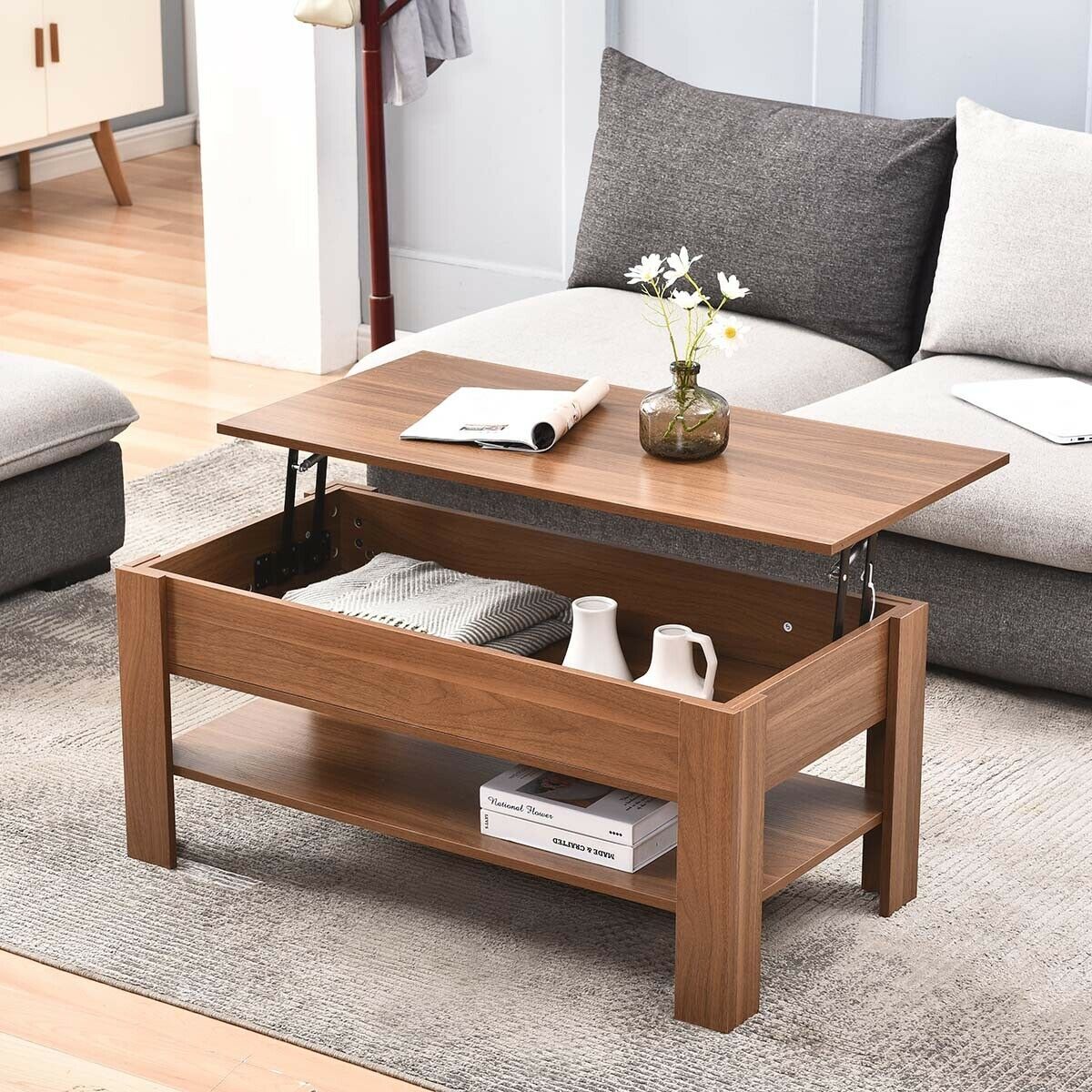 Wood Coffee Table For Living Room with Hidden Storage Lift-Top Table for Home