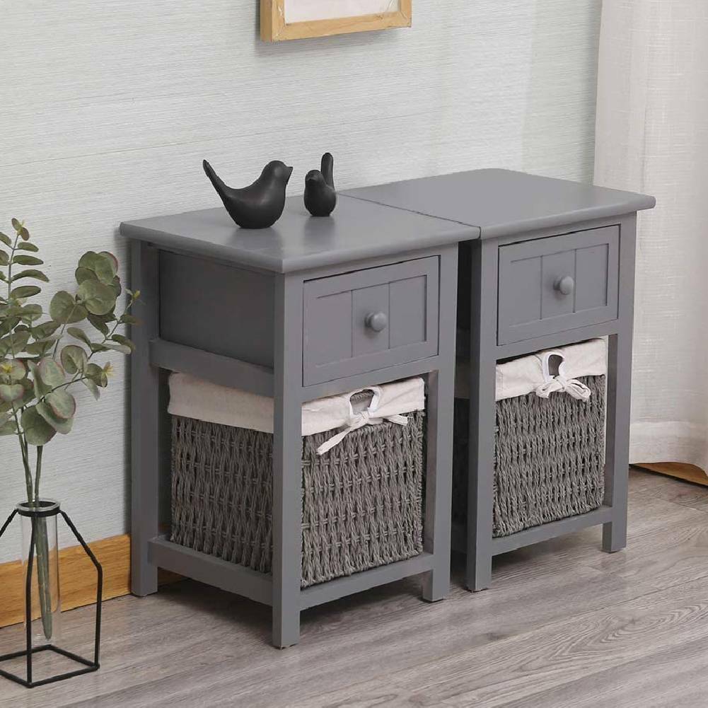 2 Pcs Wooden Bedside Table NightStand Cabinet Storage Drawer Wicker Basket Grey