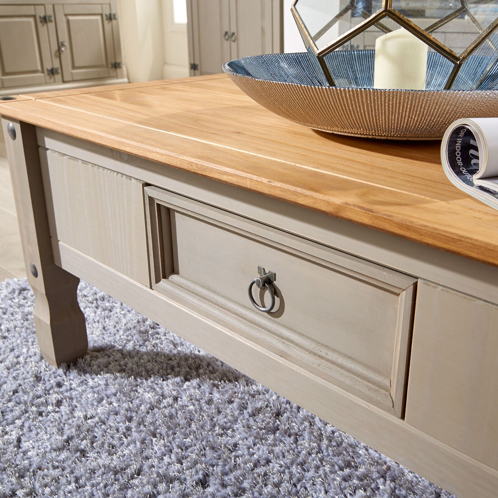Corona Pine Two Tone Grey Coffee Table 1 Drawer Solid Wood Occasional Table