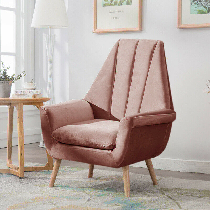 Blush Pink Velvet Occasional Wing Chair Single Seat Recliner Sofa Tub Armchair