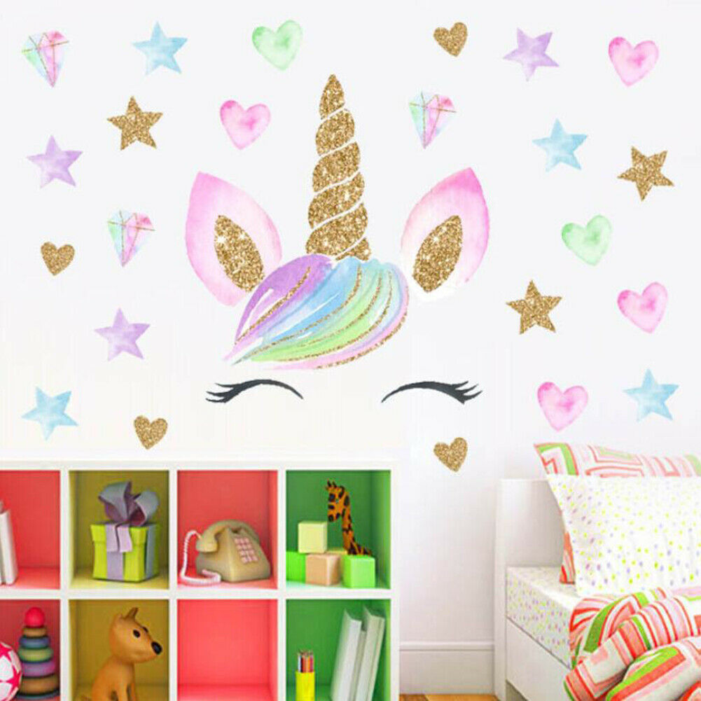 HIGH QUALITY UNICORN HEAD Wall Stickers Rainbow Decor Cute Pink Nursery Kid Room