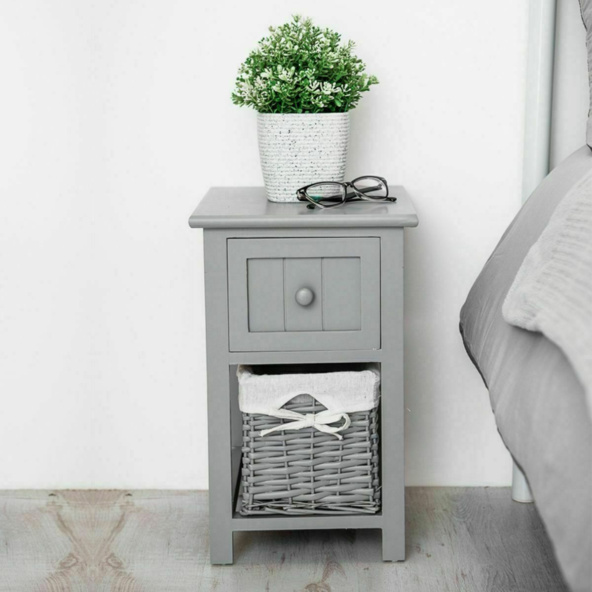 New Grey Bedroom Bedside Table Unit Cabinet Nightstand Wicker Storage Wooden UK