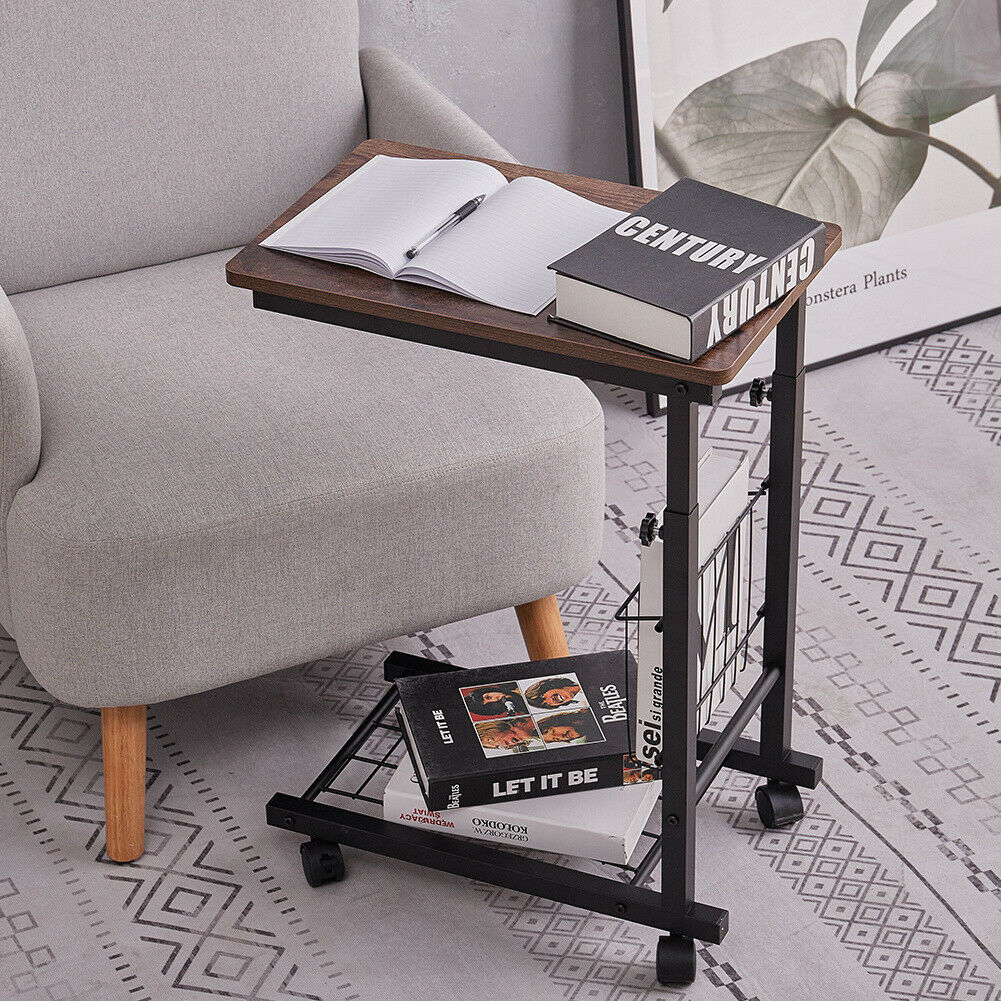 Adjustable Sofa Side End Coffee Table With Wheels C-Shaped Laptop Notebook Desk