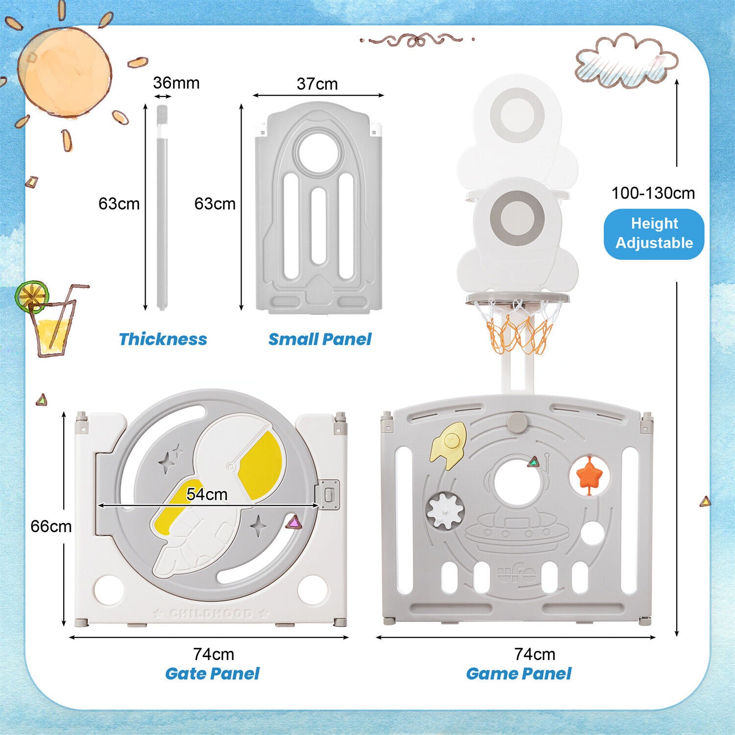 Foldable Baby Playpen with Activity Panel and Basketball Hoop 16 Panels Grey HT