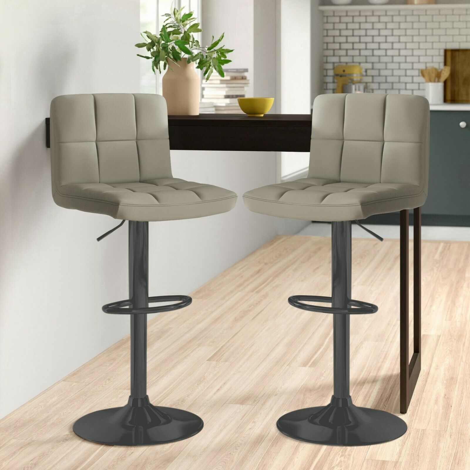 2x Matt Matte Black Gas Lift Swivel Faux Leather Kitchen Breakfast Bar Stools