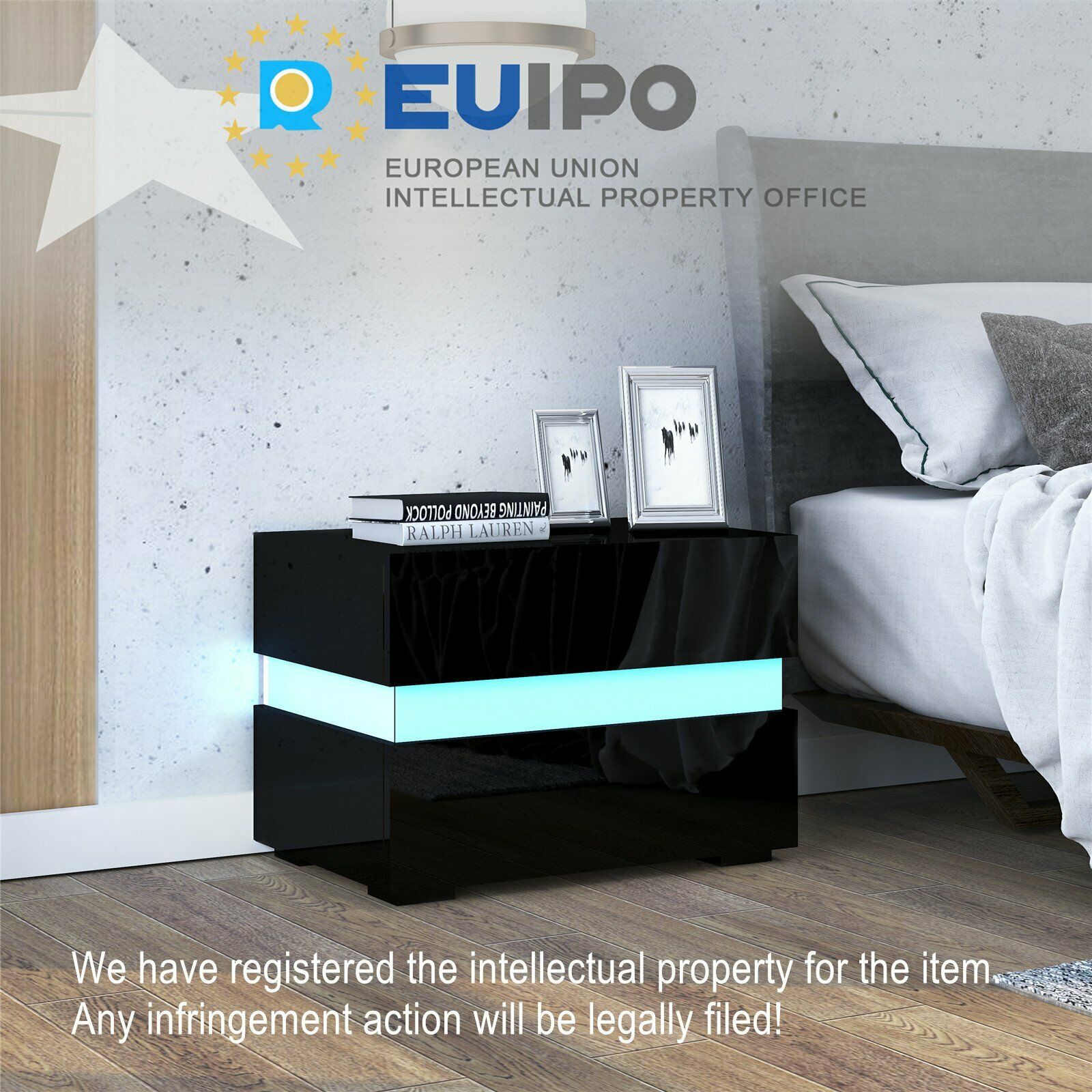 Modern LED Light High Gloss 2 or 3 Drawers Bedside Table Cabinet Nightstand Unit