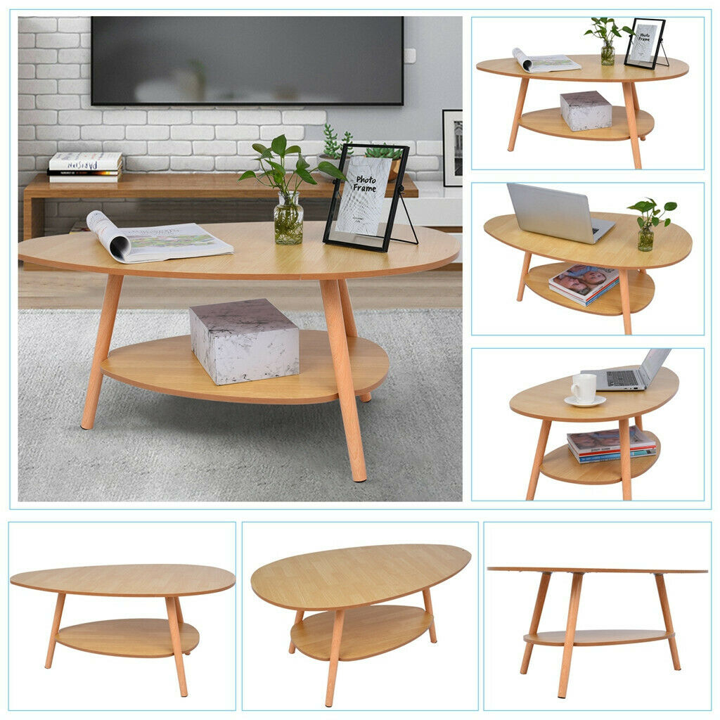 Household Furniture Oval Top Table Living Room Coffee Table Two-story Wooden Leg