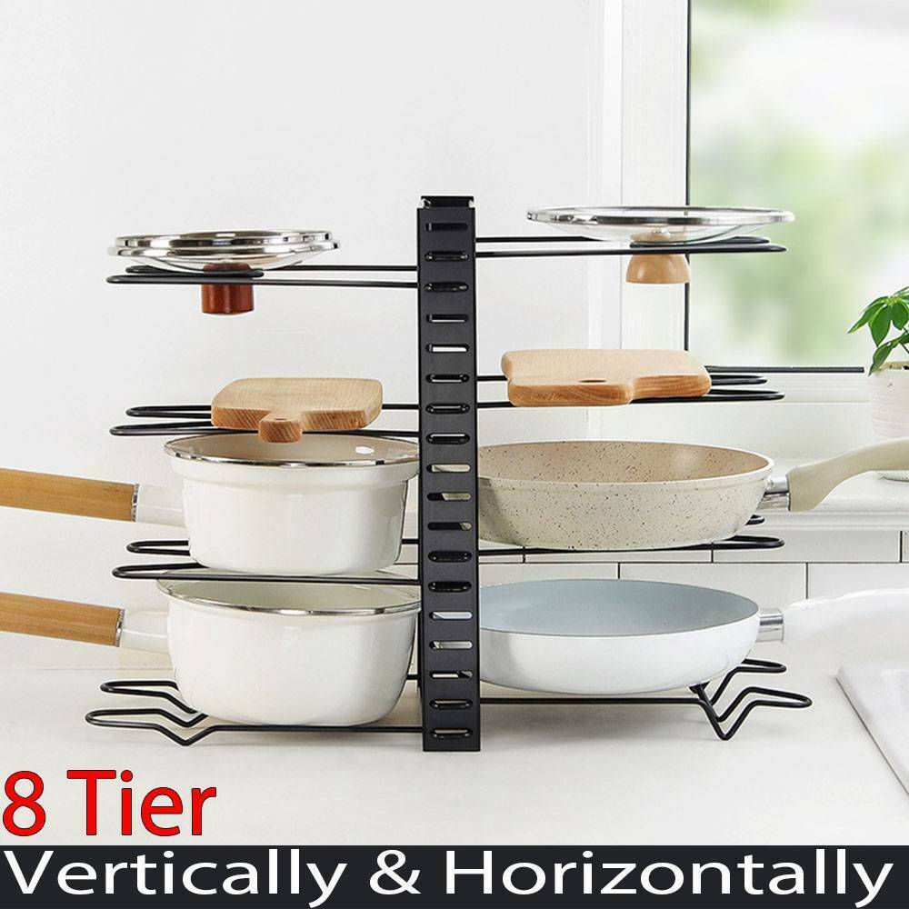 8 Tier Cupboard Kitchen Cabinet Storage Organiser Rack Pan Stand Pot Holder