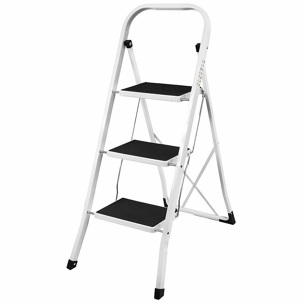 3 Step Ladder Folding Iron Stool Safe Anti-Slip Tread Mat White Black DIY