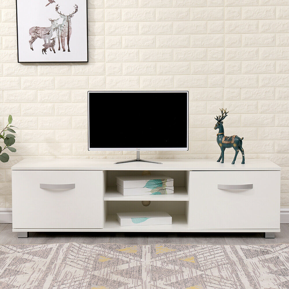 TV Cabinet with 2 High Gloss Doors&2 Shelves Matt Body, White/Black