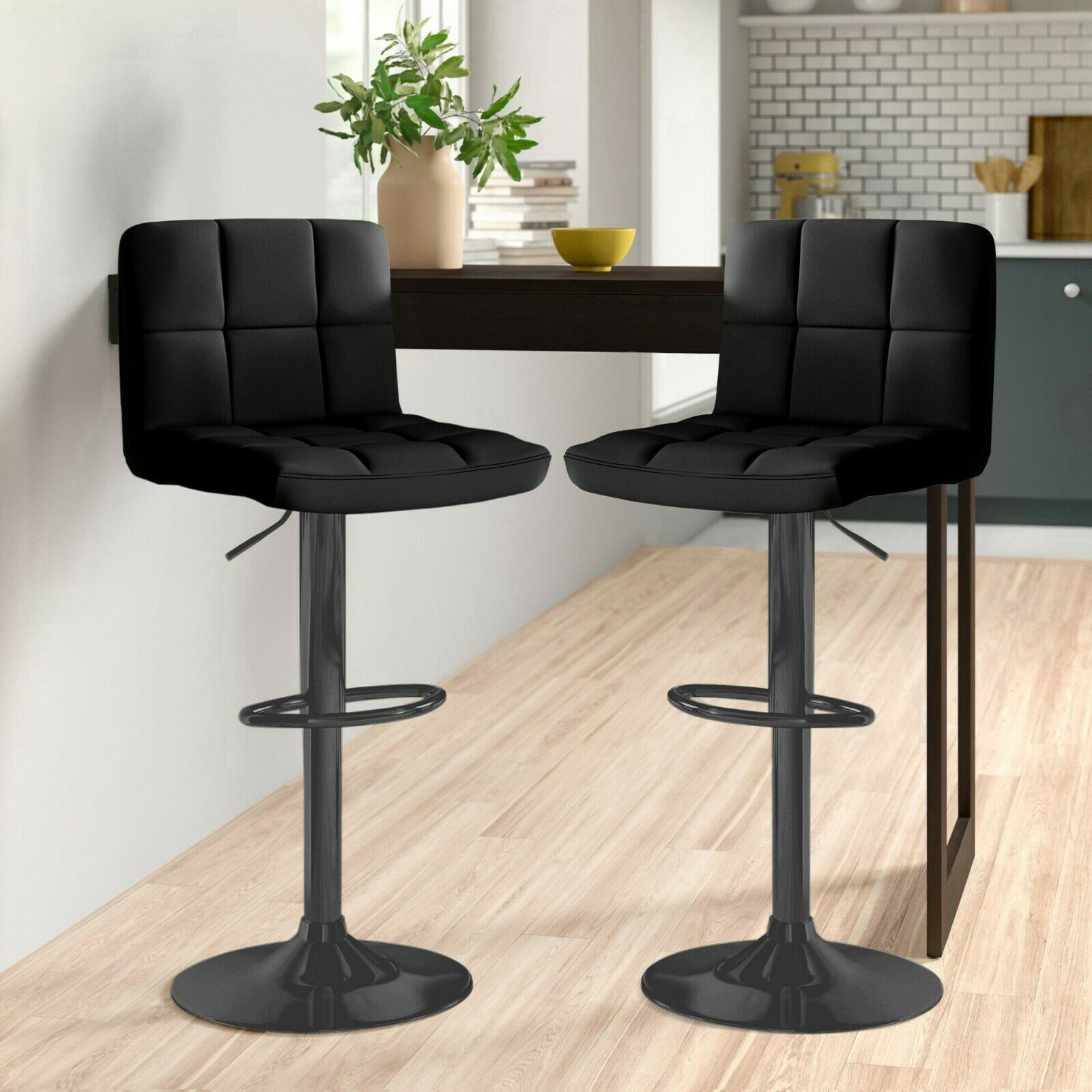 2x Matt Matte Black Gas Lift Swivel Faux Leather Kitchen Breakfast Bar Stools