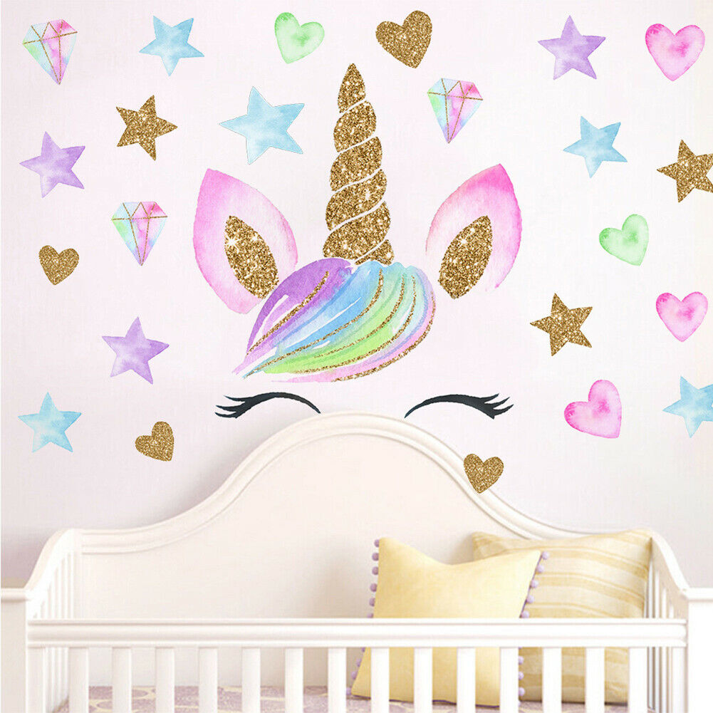 HIGH QUALITY UNICORN HEAD Wall Stickers Rainbow Decor Cute Pink Nursery Kid Room