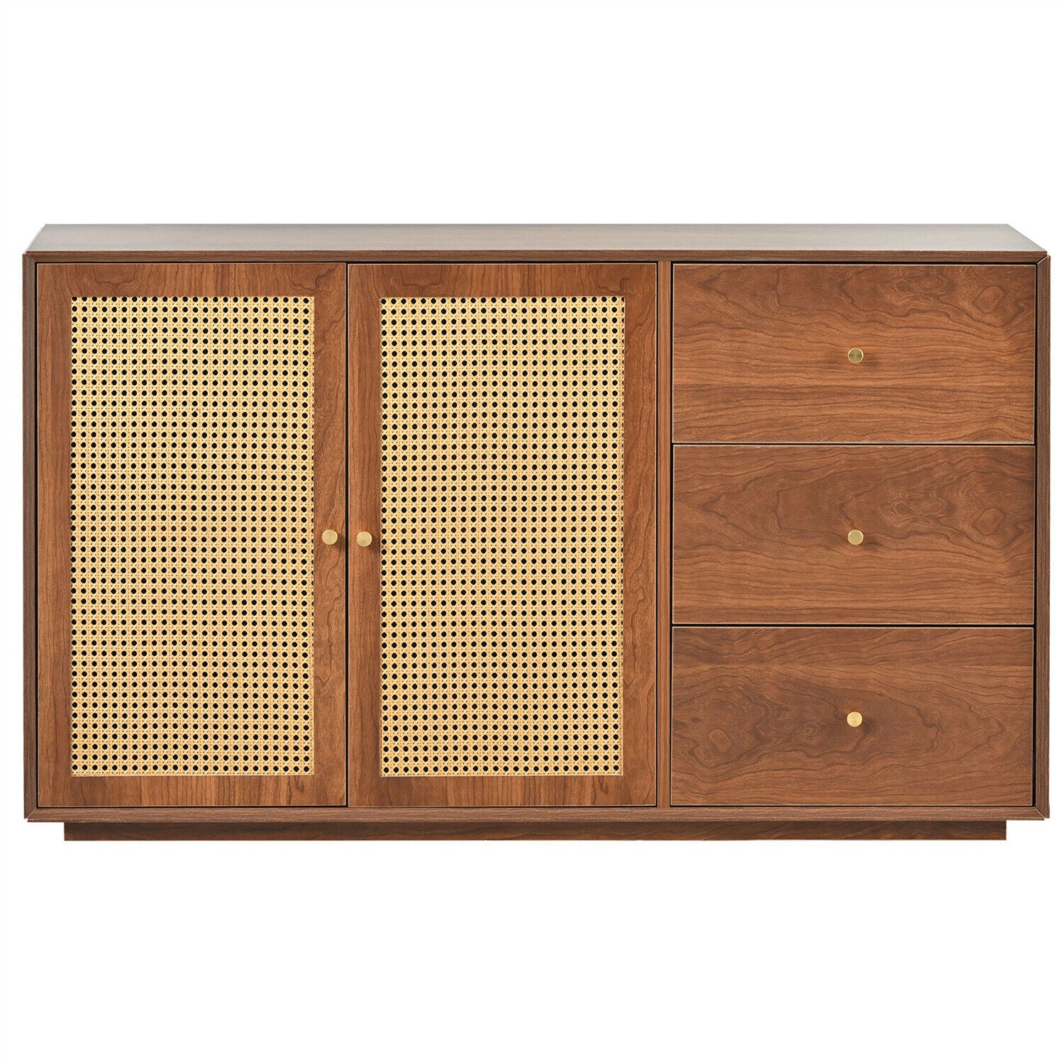 Wooden Rattan Sideboard Buffet Storage Cabinet Cupboard w/ 2 Doors 3 Drawers HT