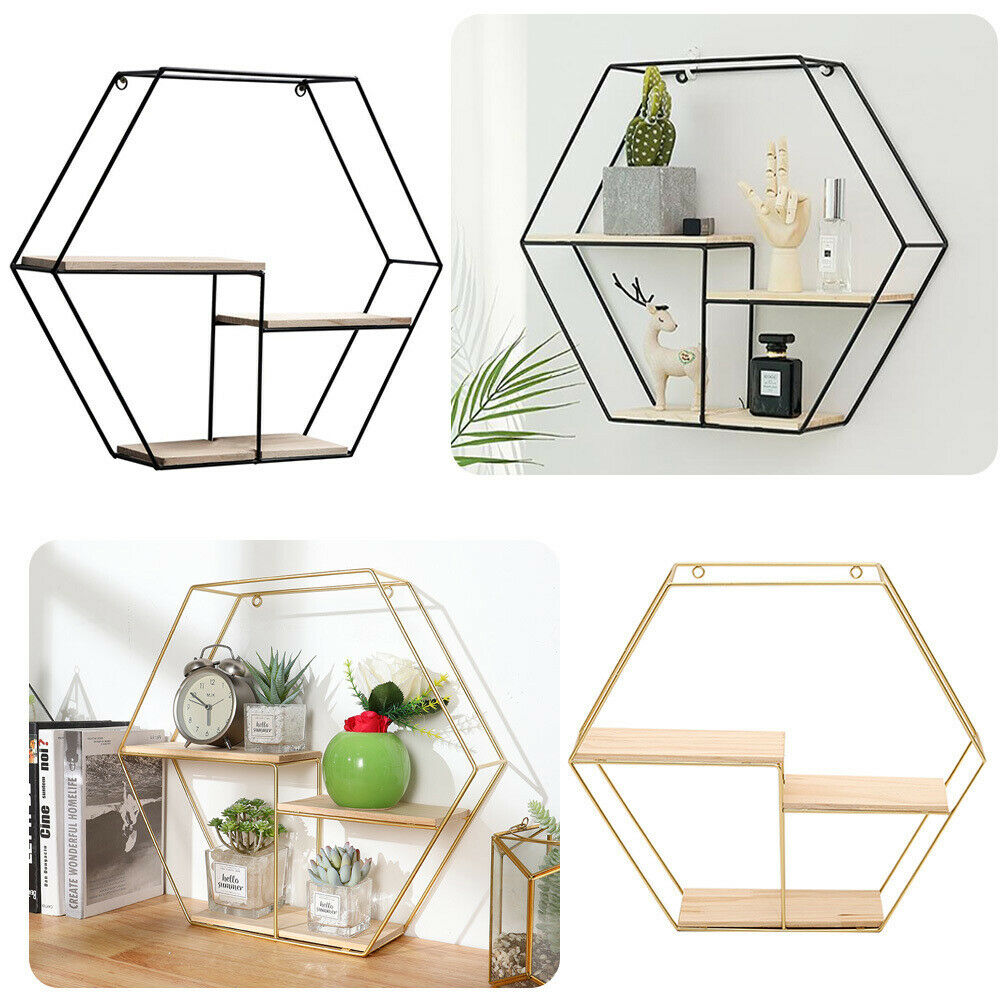 3 Wooden Shelves Metal Wall Mounted Hexagon Shelf Wire Display Storage Rack Unit