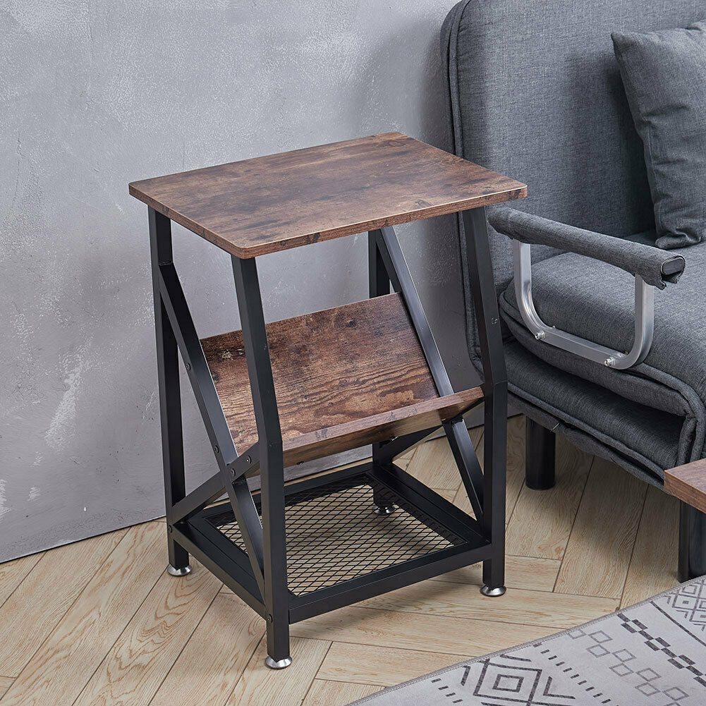 Retro Side End Coffee Table With Magazine Rack Bookshelf Lamp Table Nightstand