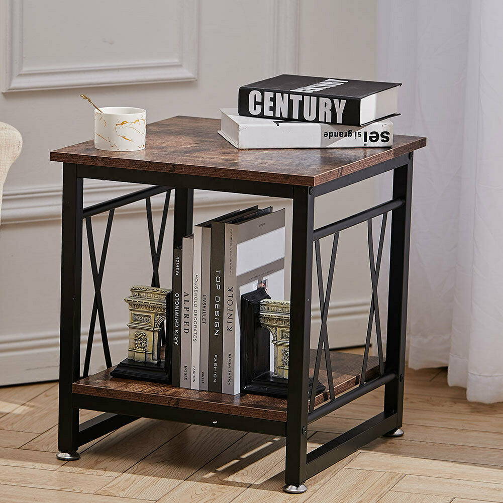 2 Tier Side End Table Industrial Rustic Wood Metal Bedside Nightstand Lamp Table