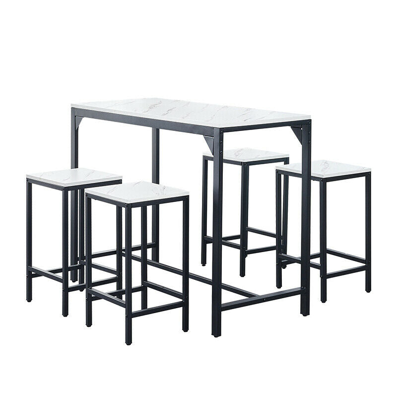 Bar Table and 4 Stools Set Breakfast Dining Table White Marble Effect Kitchen BN