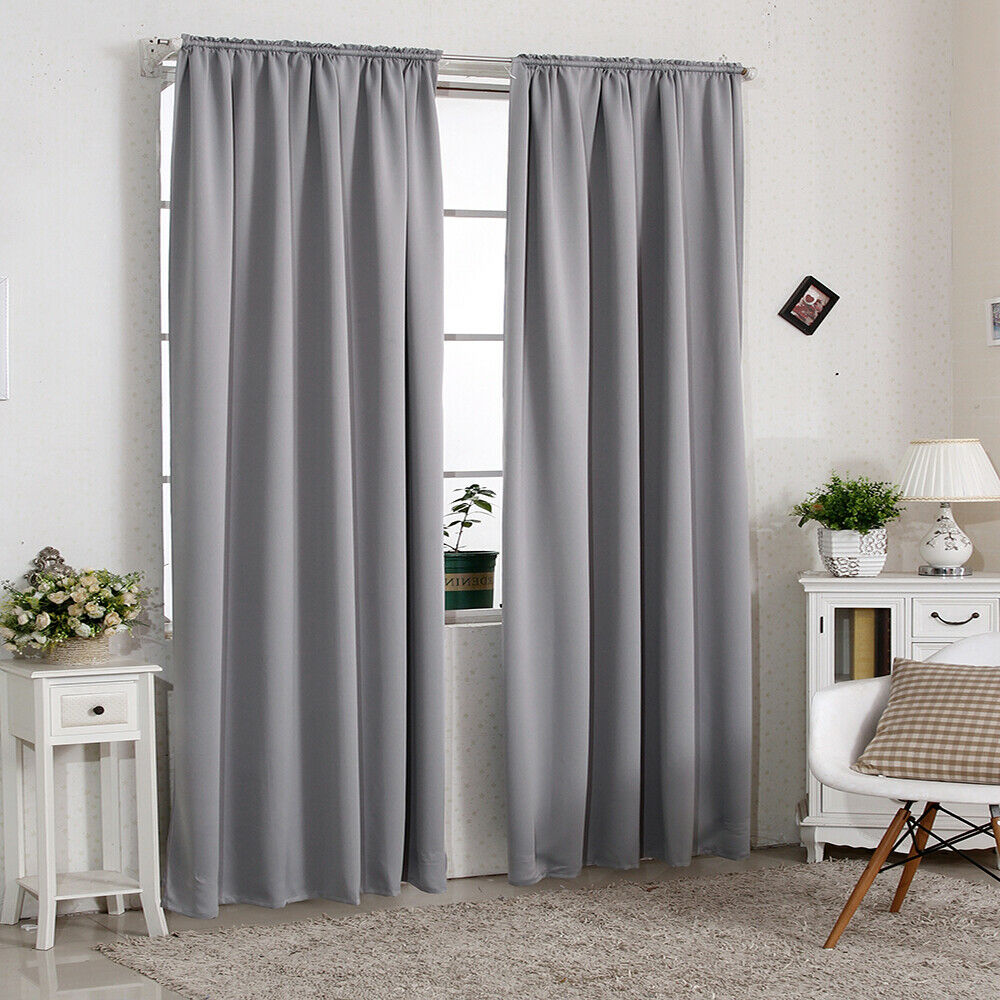 2xCurtains Blackout Pencil Pleat top Rod Pocket Window for Bedroom Grey