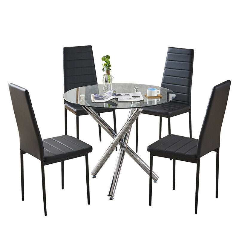 Round Dining Table Chrome Legs Tempered Glass Top Diningroom Kitchen Lounge Home