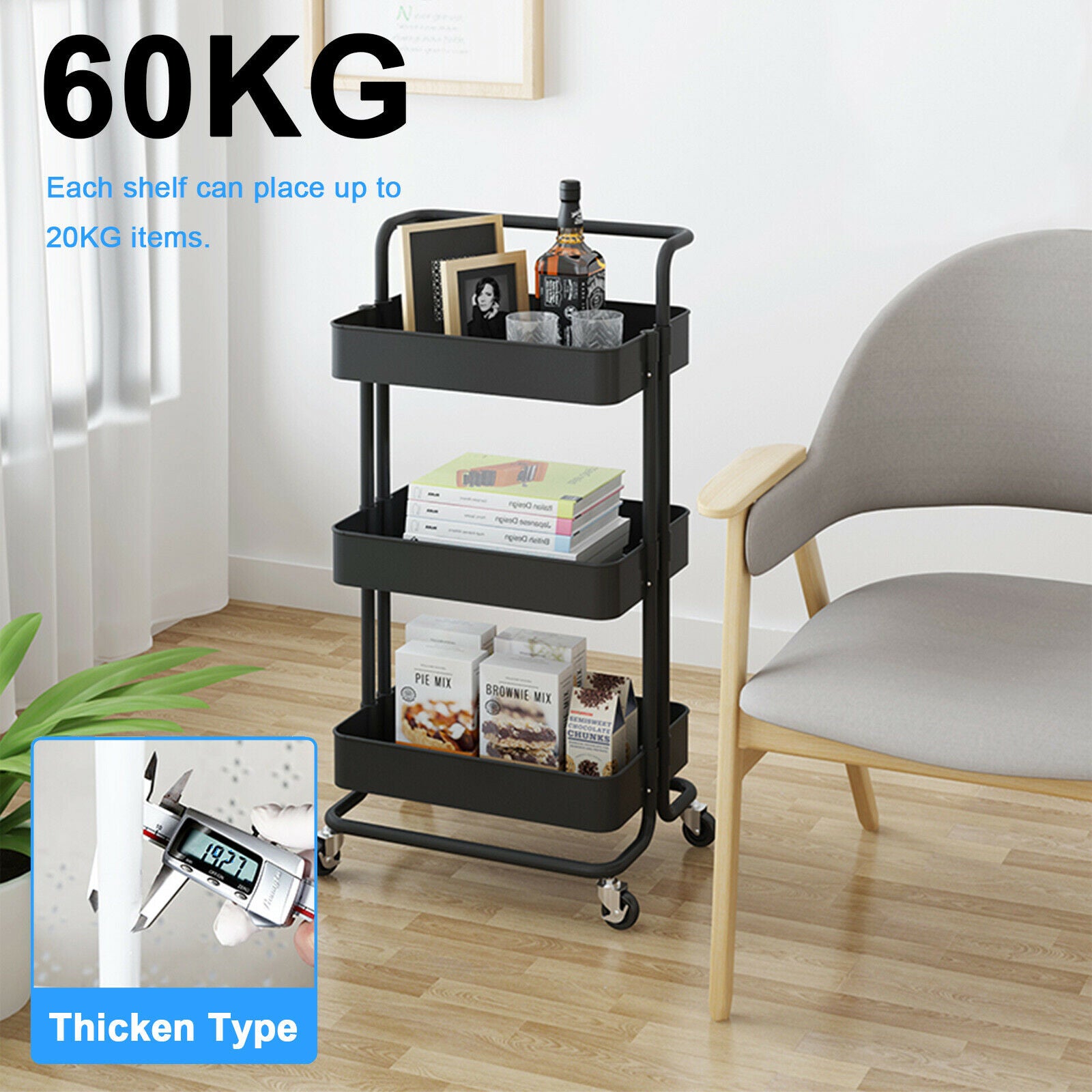 3 Tier Kitchen Trolley Salon Hairdresser Storage Cart Rack Rolling Wheels Black