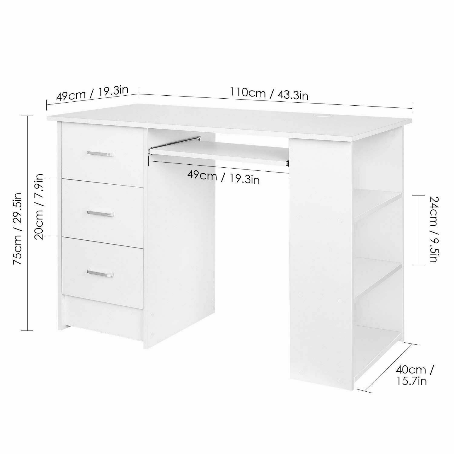Computer Desk 3 Drawers & Shelves White Corner PC Workstation Office Table