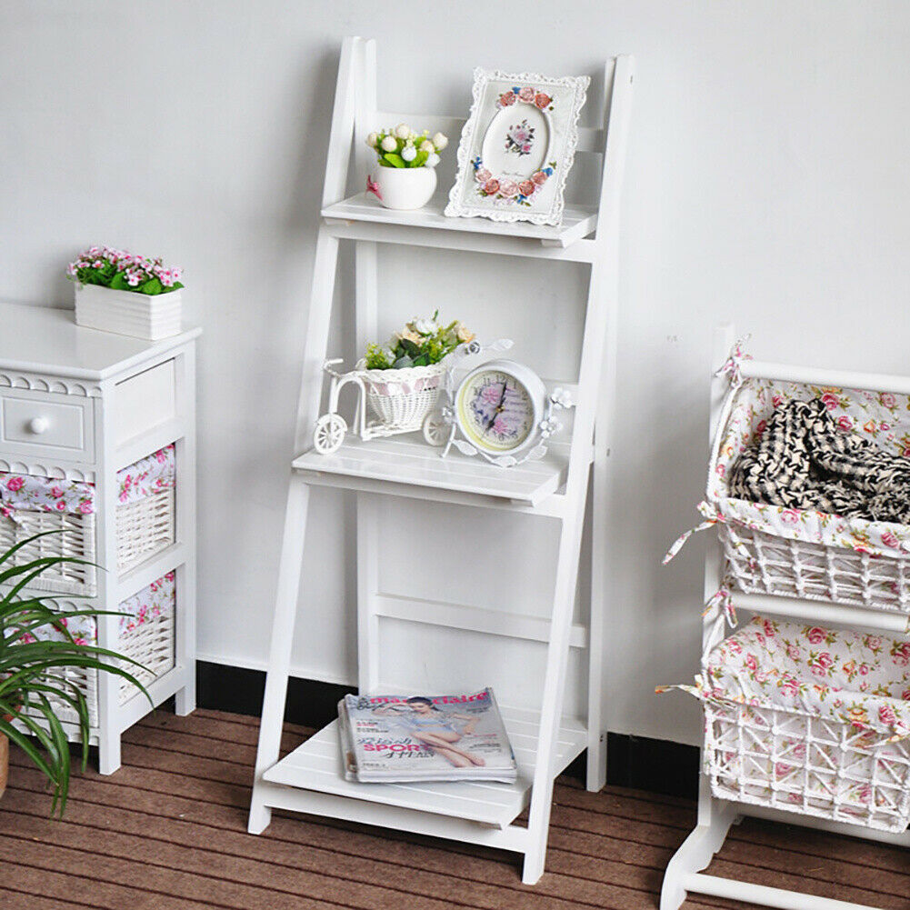 3 Tier Wood Folding Ladder Shelf Flower Plant Pot Stand Storage Display Shelving (White 3 Tier Ladder Shelf 42x40x107cm)